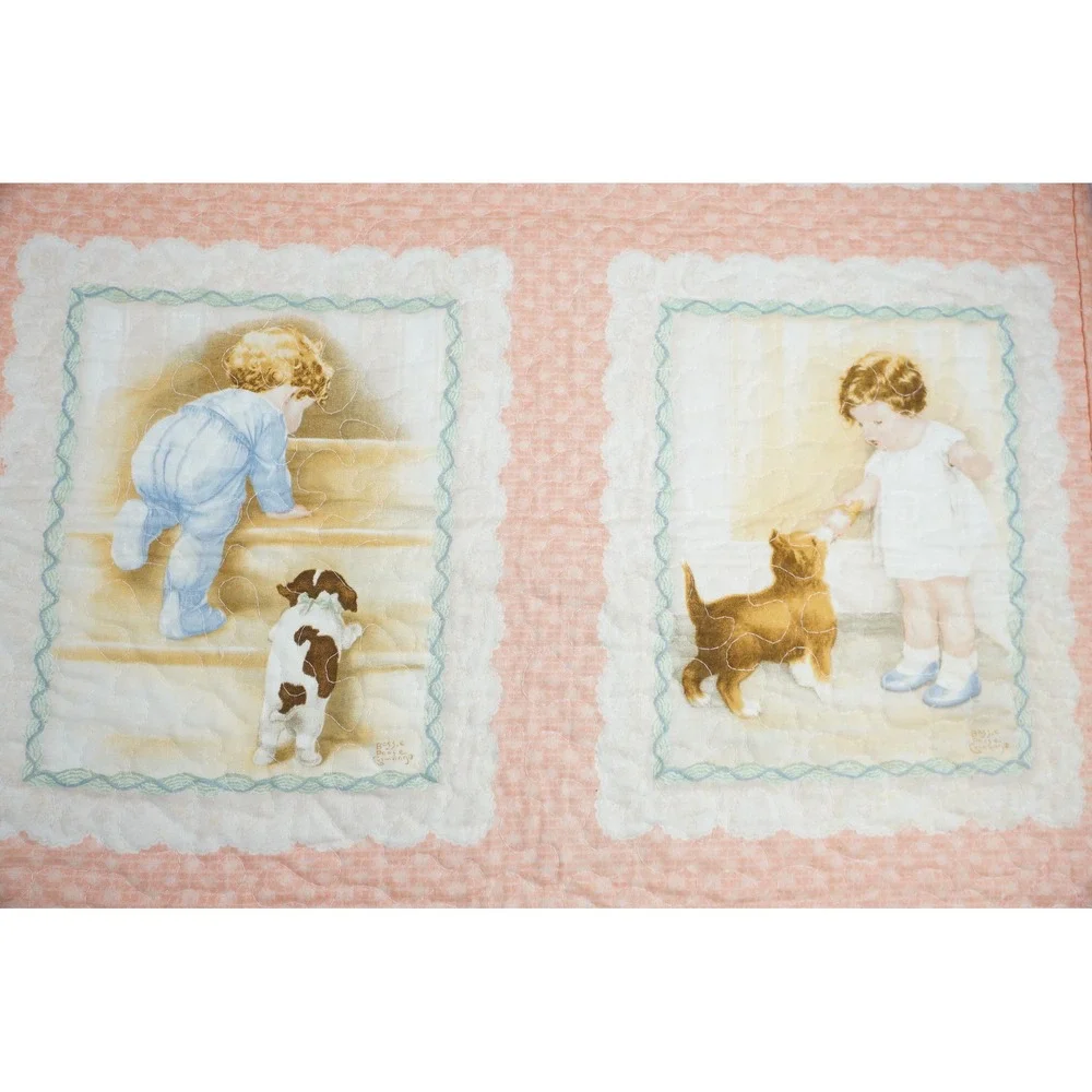 Bessie Pease Handmade Baby Quilt 43x35 Peach Pink Puppy Dog Floral Excellent